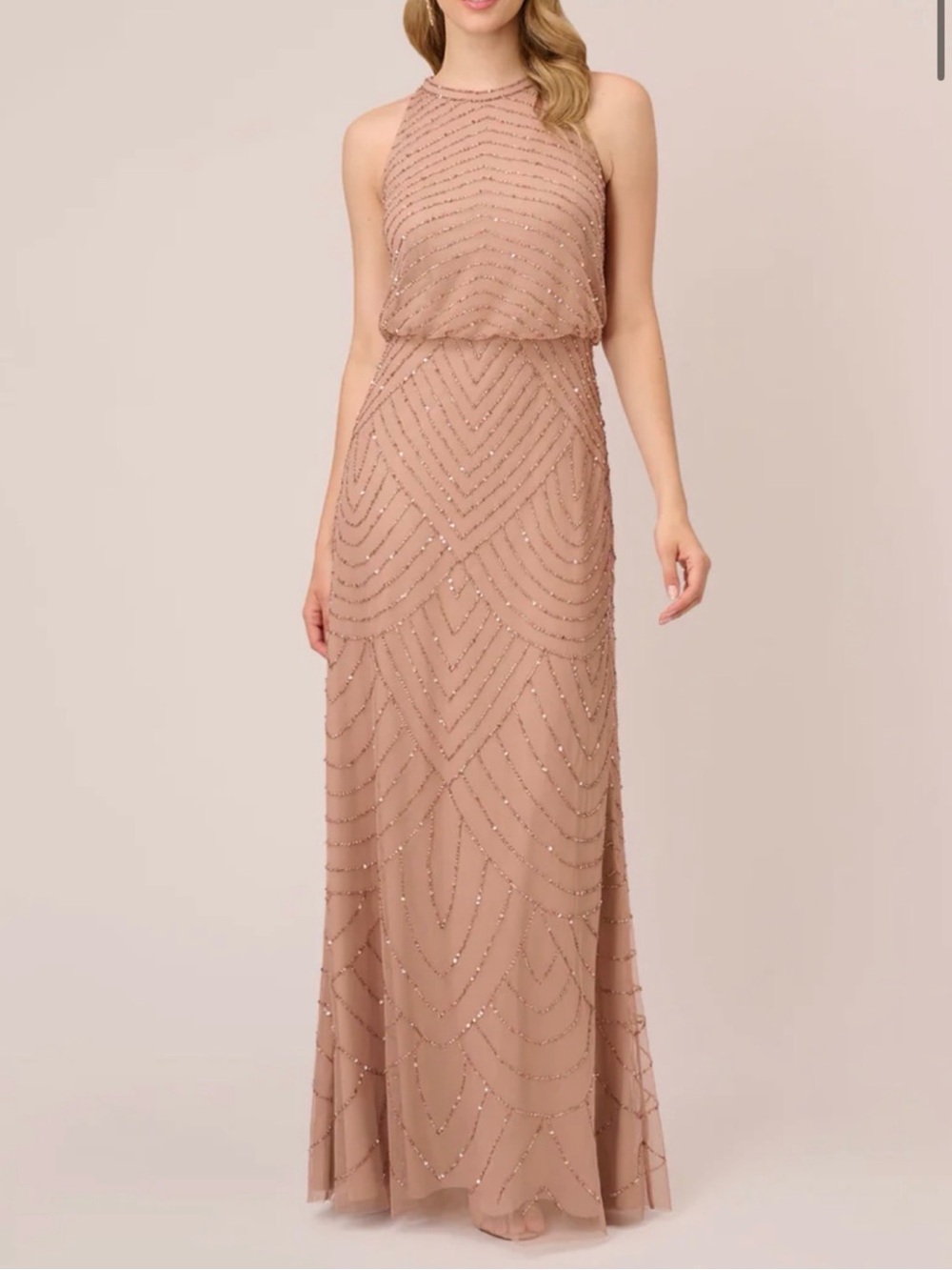 Art Deco Beaded Blouson Dress With Halter Neckline In Rose Gold | Bridesmaid